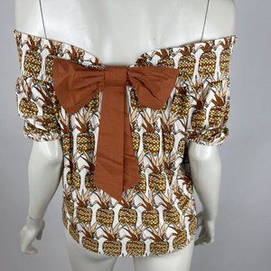 Anthropologie Printed Bow-Back Top Women S NWT Short Sleeve Off shoulder Elastic